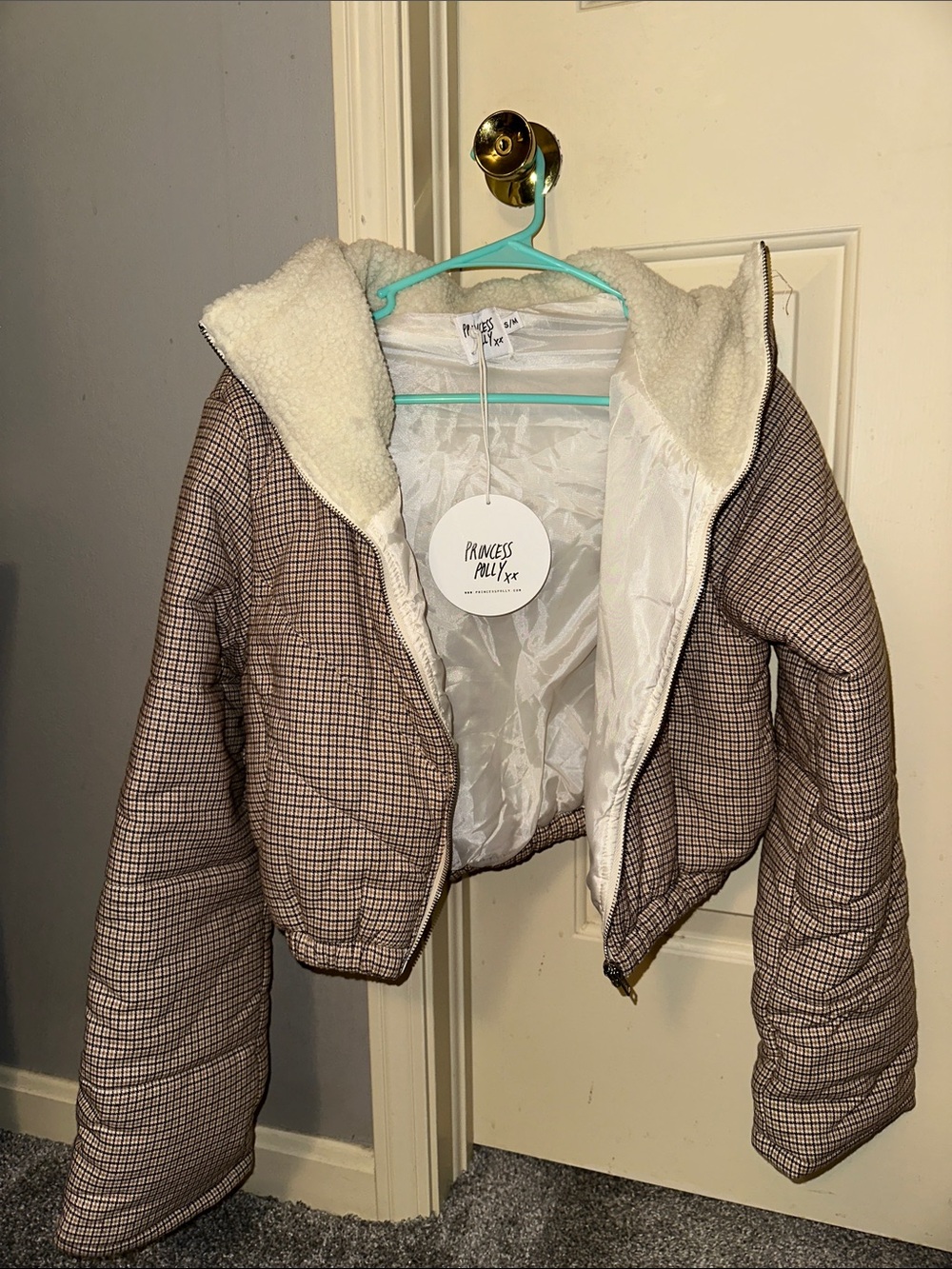 Princess Polly Brown Plaid Sherpa-Lined Puffer Jacket